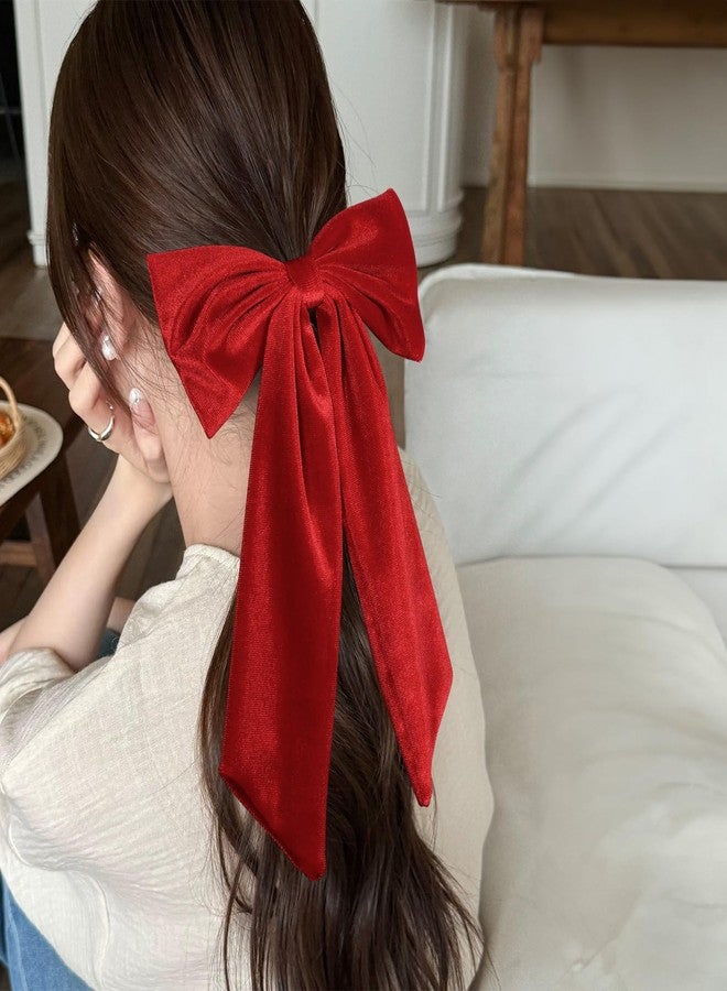 melyde 6.5 Inch Velvet Hair Bow Clip Classic Bowknot Ponytail Holder Long Velvet Ribbon Barrette Hair Accessories for Women Girls, Red - Image 2